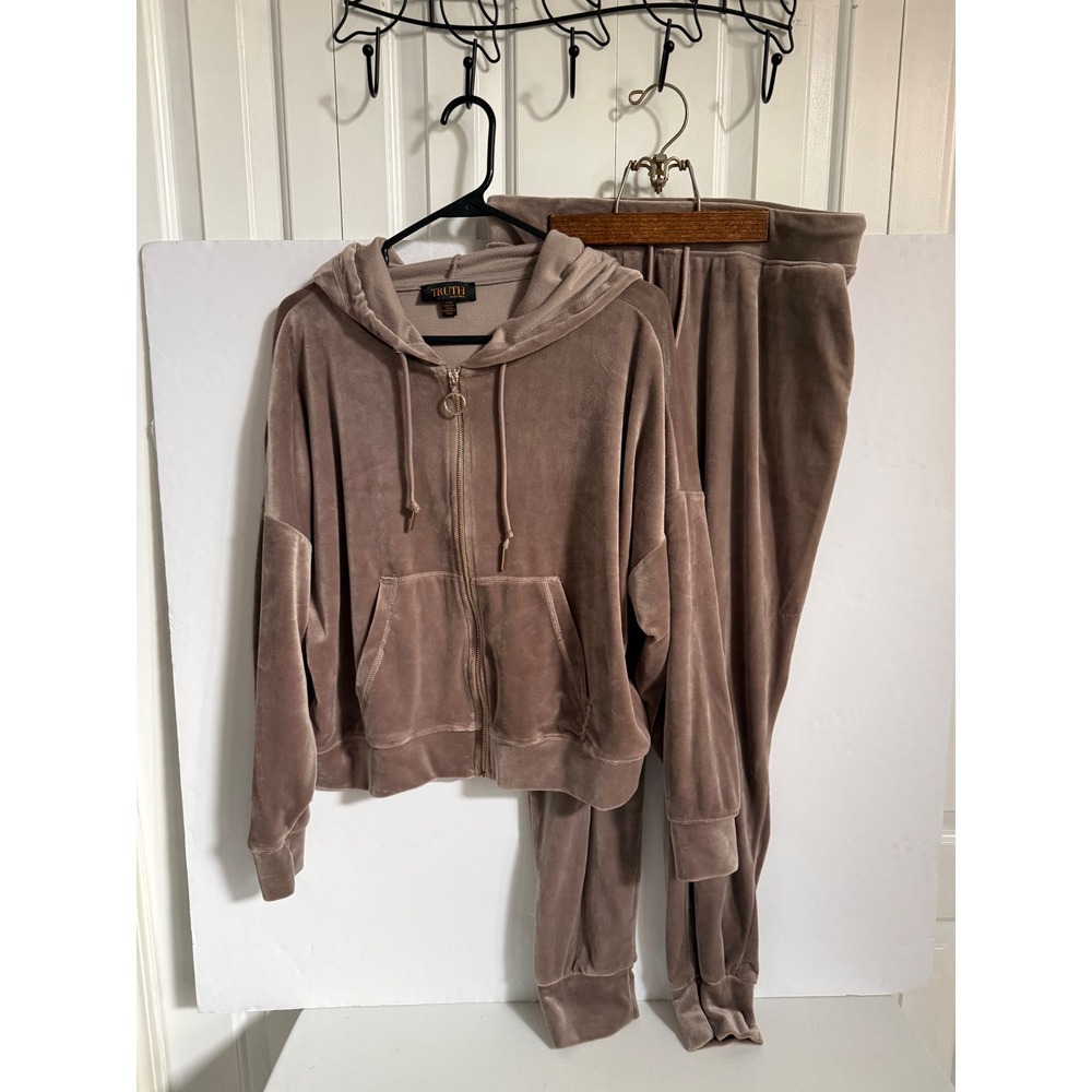 Truth by Republic Velour Tracksuit Set Taupe Brown Zip Hoodie Joggers Large